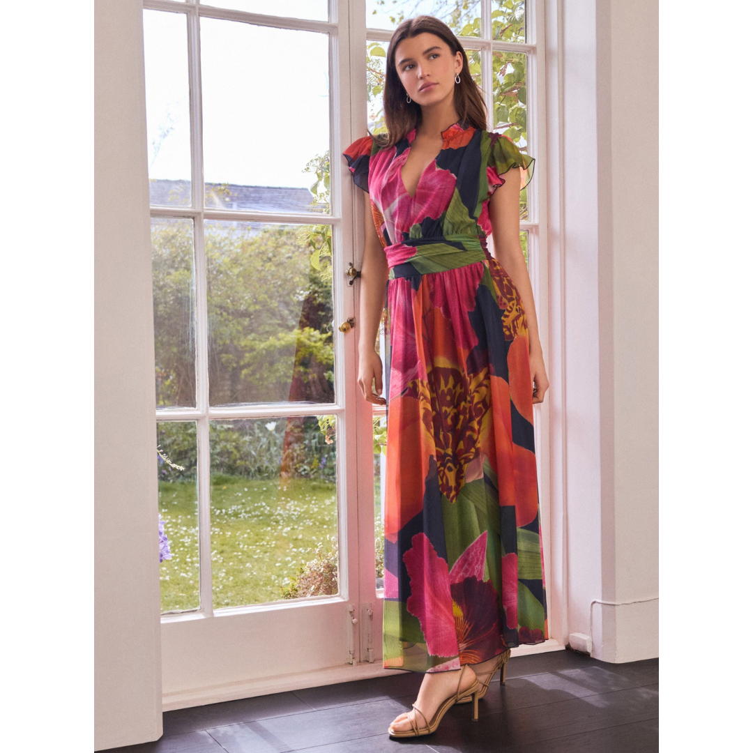 Kew Collection Navy Floral Pleated Mesh Print V-Neck Occasion Midi Dress By NEXT