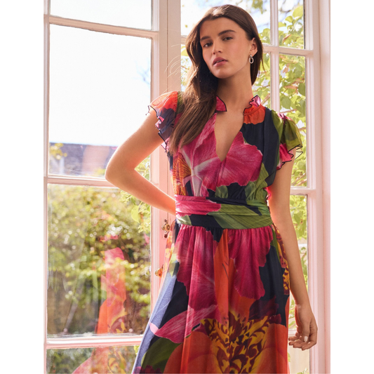 Kew Collection Navy Floral Pleated Mesh Print V-Neck Occasion Midi Dress By NEXT