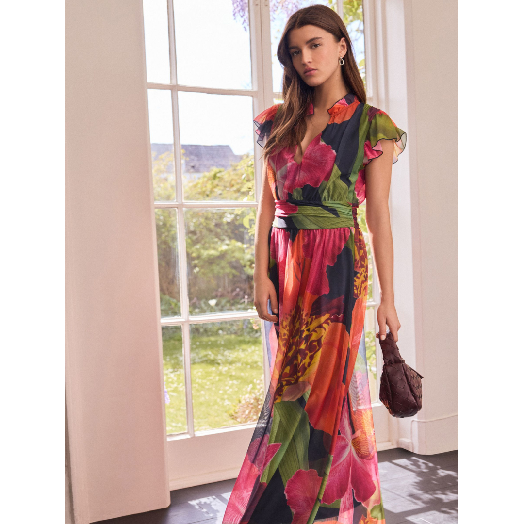 Kew Collection Navy Floral Pleated Mesh Print V-Neck Occasion Midi Dress By NEXT