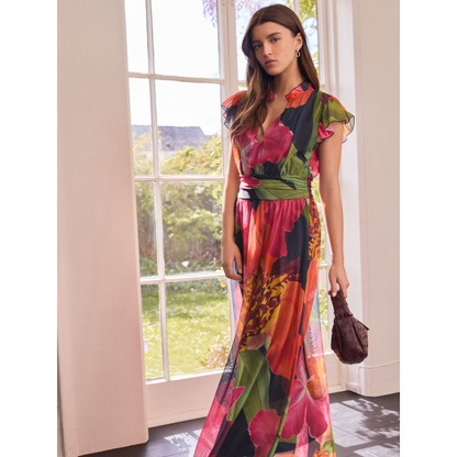 Kew Collection Navy Floral Pleated Mesh Print V-Neck Occasion Midi Dress By NEXT