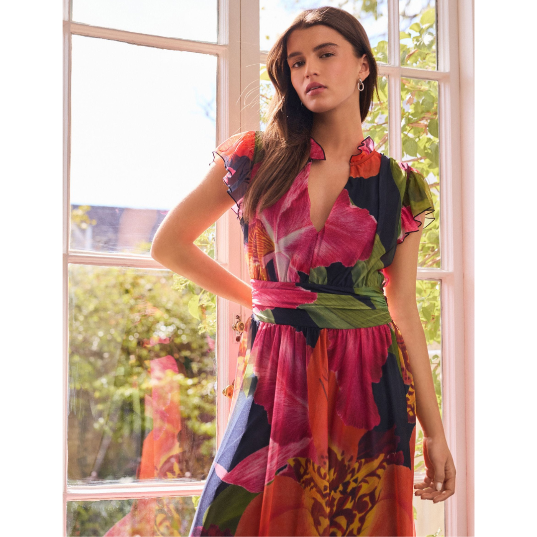 Kew Collection Navy Floral Pleated Mesh Print V-Neck Occasion Midi Dress By NEXT